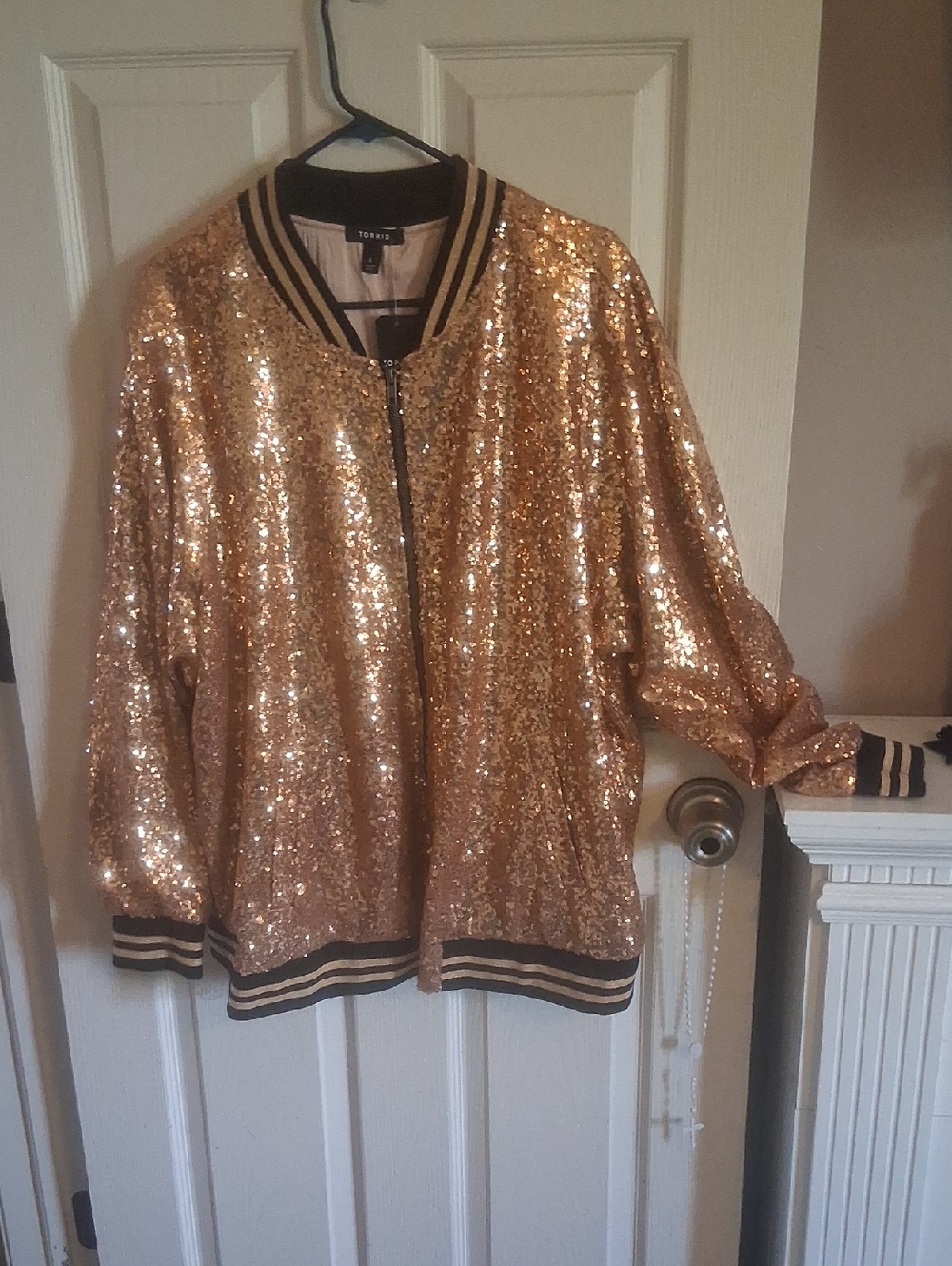 Torrid Metallic Rose Bomber Jacket with Striped Trim